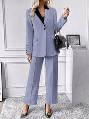 Privé Women's Solid Color Single Button Lapel Blazer With Pocket And Long Trousers Suit - WestLine Apparel
