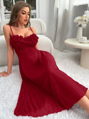 Ruffle Trim Mesh Cami Pajama Nightdress Long Dress - WestLine Apparel