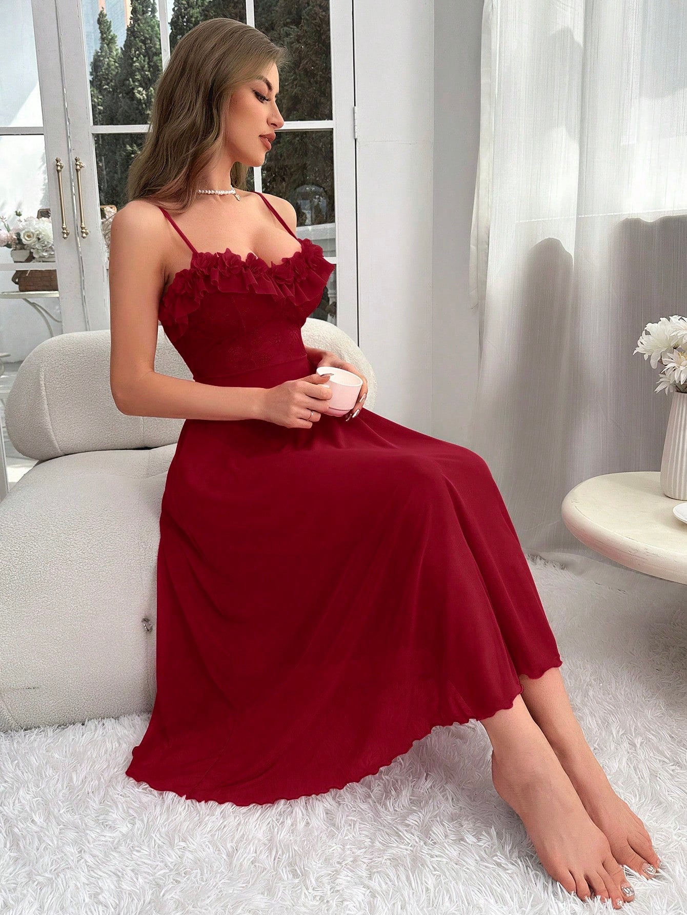 Ruffle Trim Mesh Cami Pajama Nightdress Long Dress - WestLine Apparel