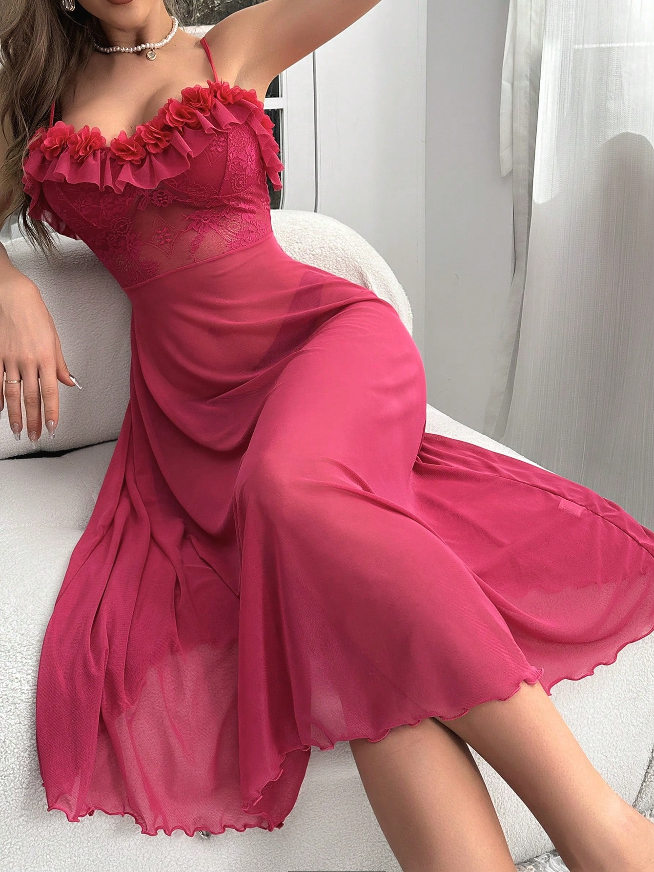 Ruffle Trim Mesh Cami Pajama Nightdress Long Dress - WestLine Apparel