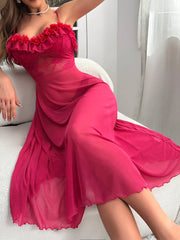 Ruffle Trim Mesh Cami Pajama Nightdress Long Dress - WestLine Apparel