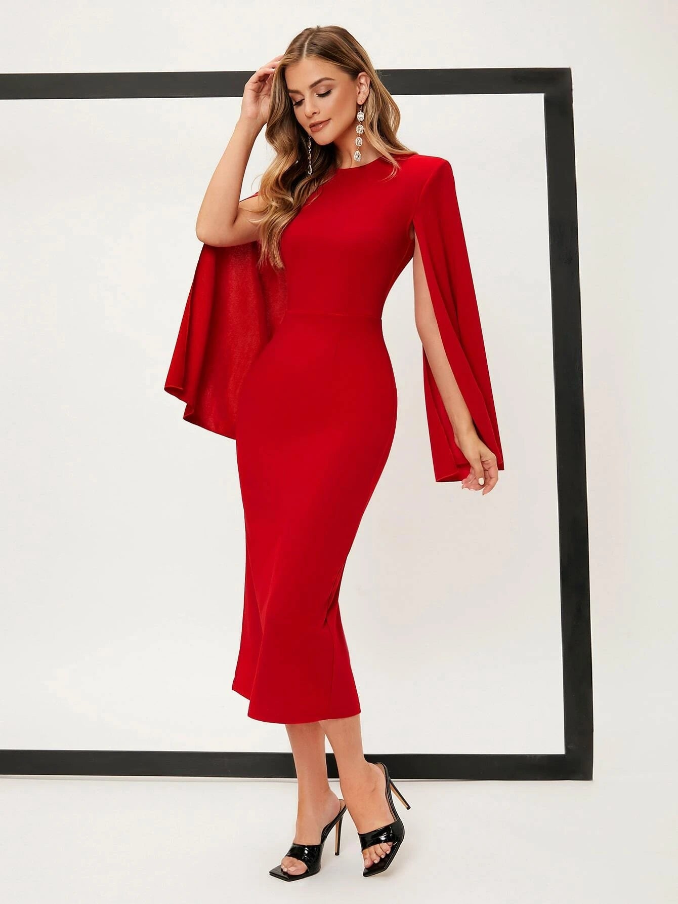 SHEIN Belle Solid Cloak Sleeve Split Back Dress - WestLine Apparel