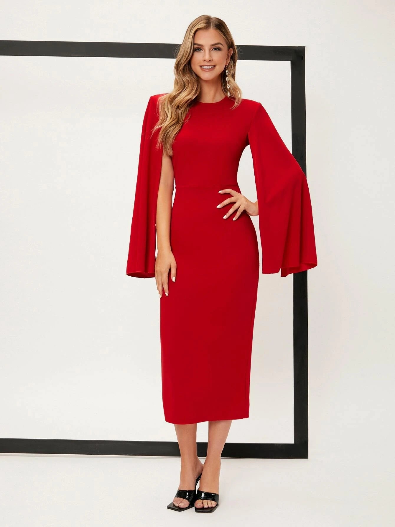 SHEIN Belle Solid Cloak Sleeve Split Back Dress - WestLine Apparel