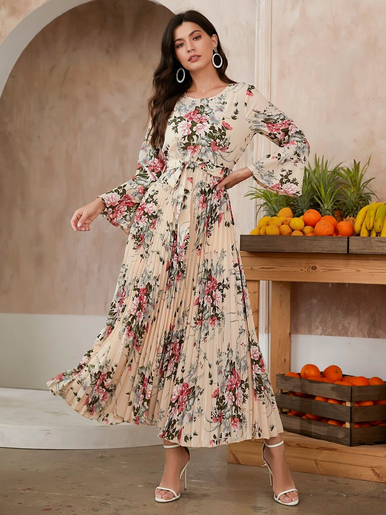 SHEIN Modely Floral Print Flounce Sleeve Pleated Hem Belted Dress - WestLine Apparel