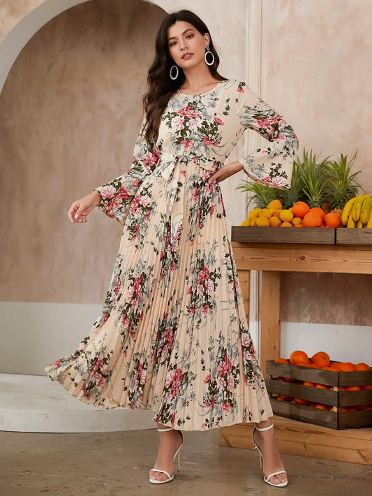SHEIN Modely Floral Print Flounce Sleeve Pleated Hem Belted Dress - WestLine Apparel