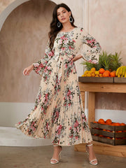 SHEIN Modely Floral Print Flounce Sleeve Pleated Hem Belted Dress - WestLine Apparel