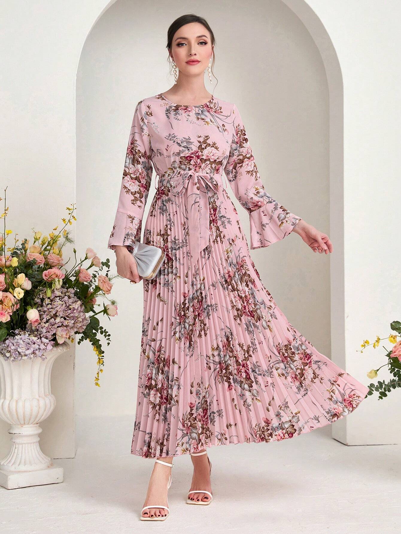 SHEIN Modely Floral Print Flounce Sleeve Pleated Hem Belted Dress - WestLine Apparel