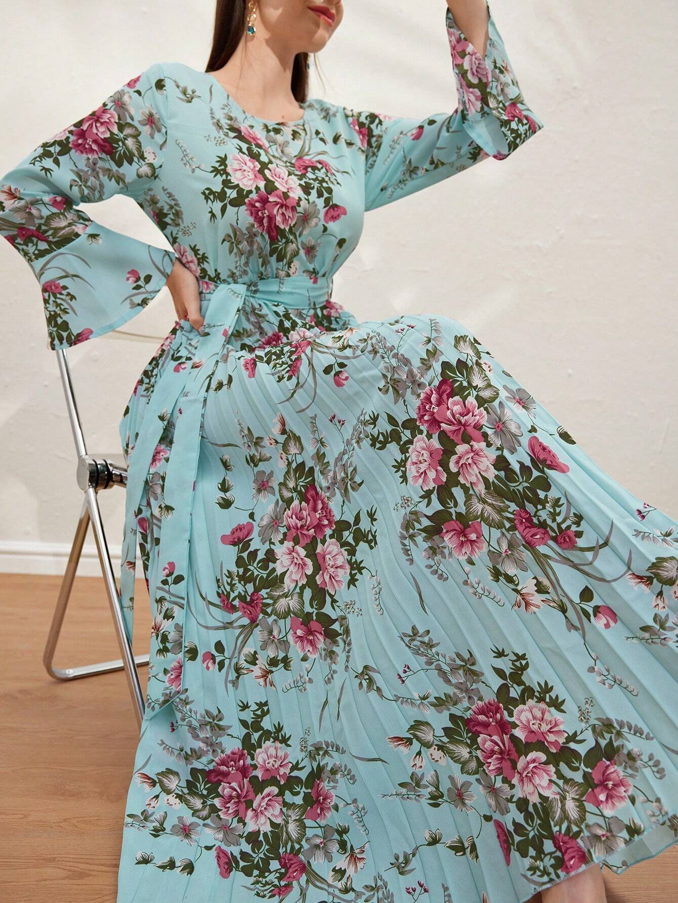 SHEIN Modely Floral Print Flounce Sleeve Pleated Hem Belted Dress - WestLine Apparel