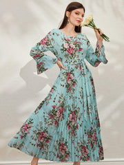SHEIN Modely Floral Print Flounce Sleeve Pleated Hem Belted Dress - WestLine Apparel