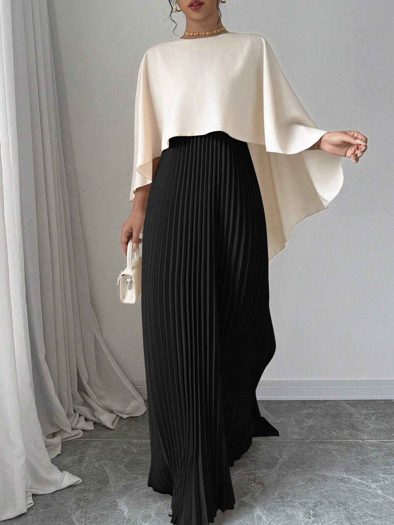 SHEIN Privé Women Elegant Solid Color Minimalist Casual Poncho Sleeve Dress - WestLine Apparel