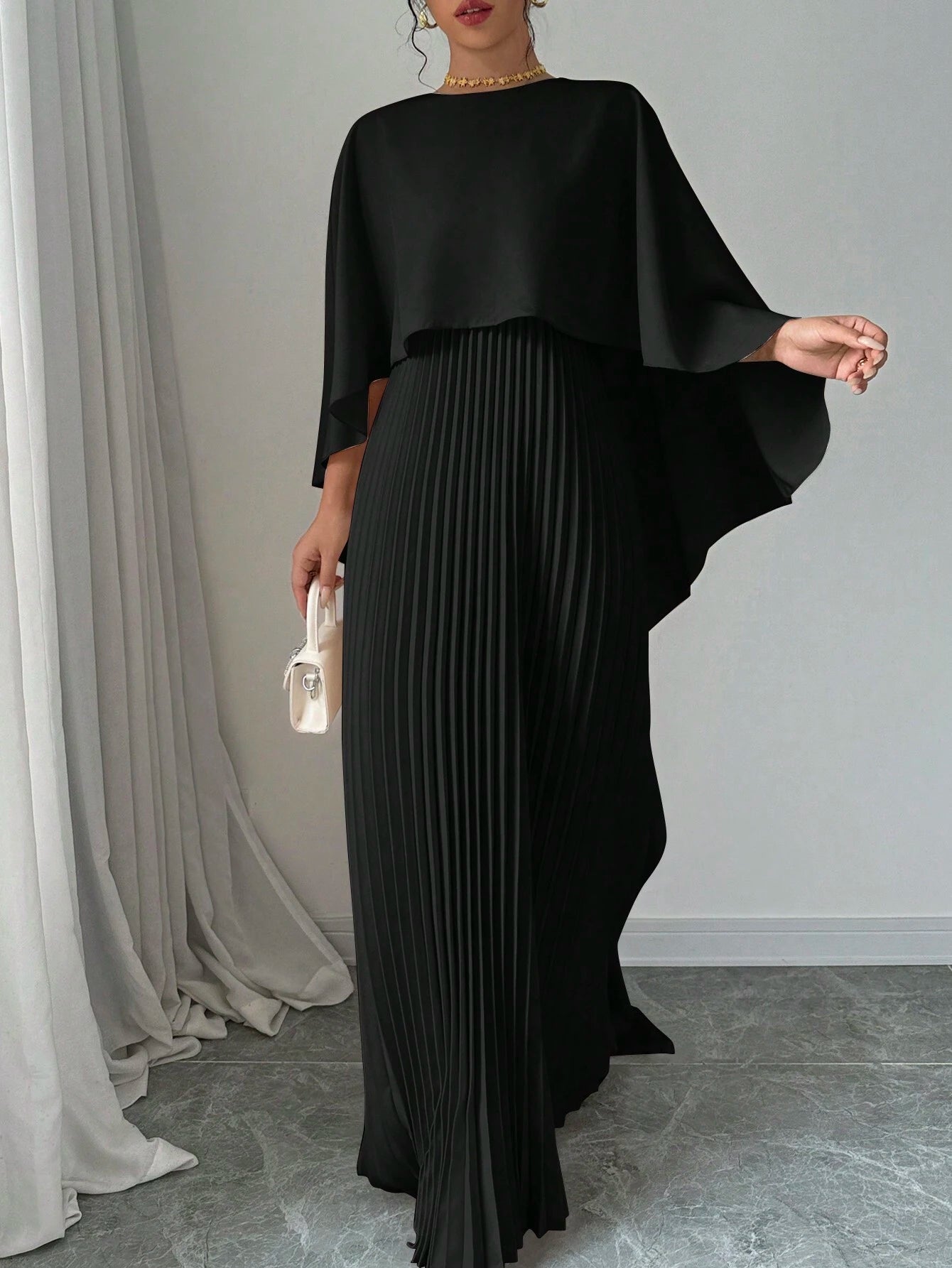 SHEIN Privé Women Elegant Solid Color Minimalist Casual Poncho Sleeve Dress - WestLine Apparel