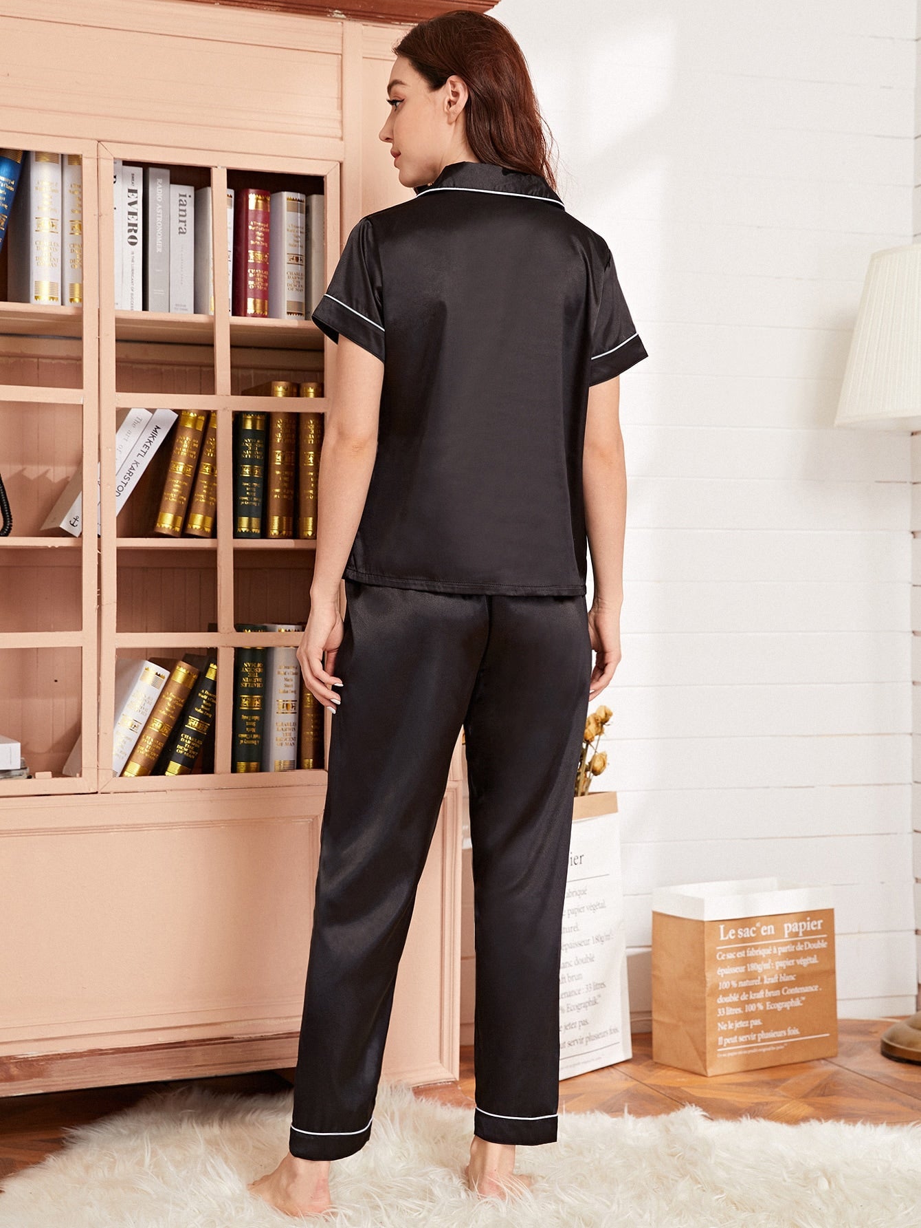 Satin Heart Print Pocket Piping Trim PJ Set / Pajama Set - WestLine Apparel