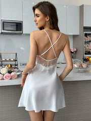 SilkySpell Solid Color Splice Lace & Satin Cami Pajama Slip Dress - WestLine Apparel