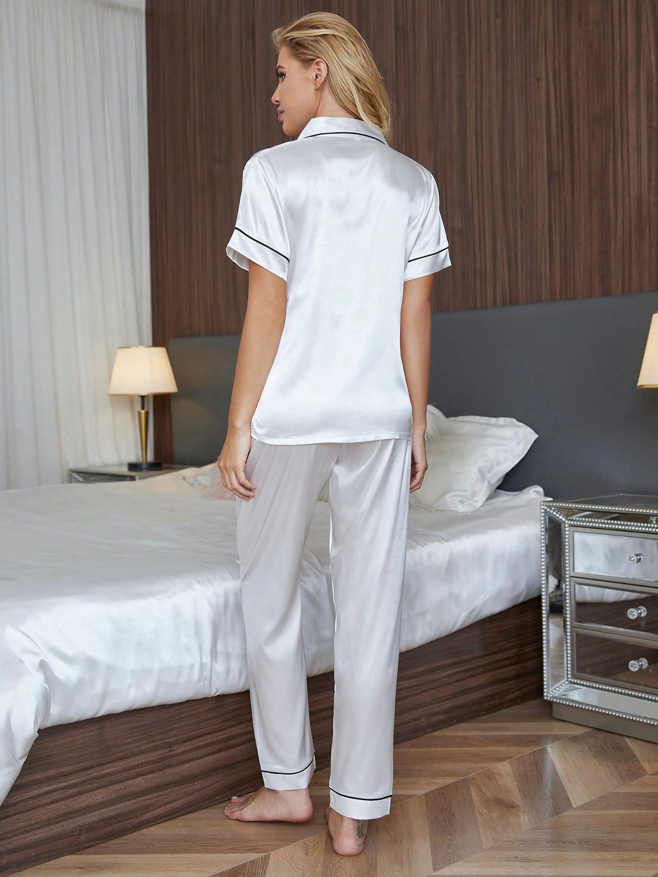 Silky Solid Color Pocket Embroidered Short Sleeve Pajama Set White Set - WestLine Apparel