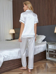 Silky Solid Color Pocket Embroidered Short Sleeve Pajama Set White Set - WestLine Apparel