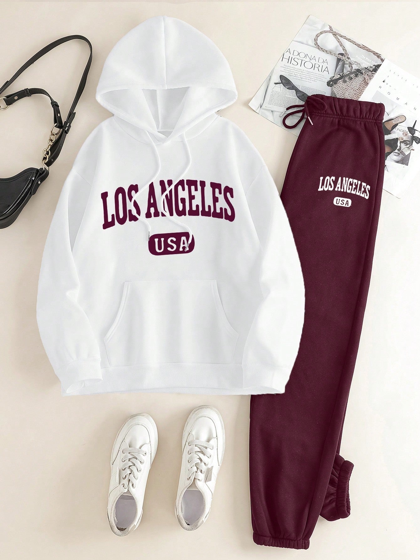 Slayr 2pcs Women's Casual Letter Printed Drawstring Hoodie And Sweatpants Set, Autumn Winter - WestLine Apparel