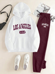 Slayr 2pcs Women's Casual Letter Printed Drawstring Hoodie And Sweatpants Set, Autumn Winter - WestLine Apparel