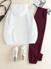 Slayr 2pcs Women's Casual Letter Printed Drawstring Hoodie And Sweatpants Set, Autumn Winter - WestLine Apparel