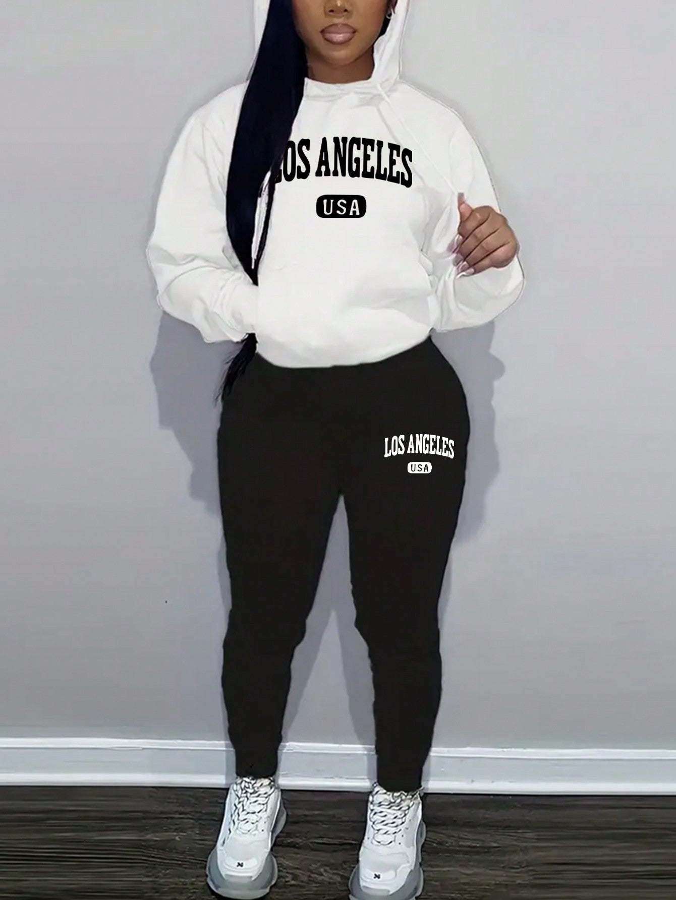 Slayr 2pcs Women's Casual Letter Printed Drawstring Hoodie And Sweatpants Set, Autumn Winter - WestLine Apparel