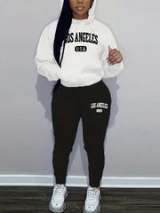 Slayr 2pcs Women's Casual Letter Printed Drawstring Hoodie And Sweatpants Set, Autumn Winter - WestLine Apparel
