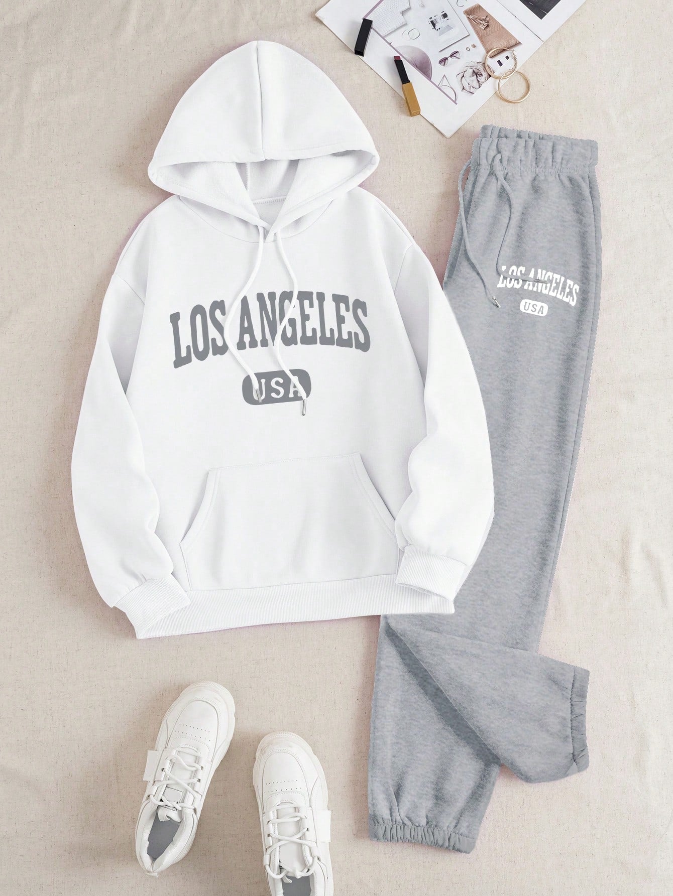 Slayr 2pcs Women's Casual Letter Printed Drawstring Hoodie And Sweatpants Set, Autumn Winter - WestLine Apparel