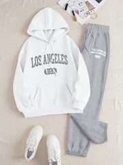 Slayr 2pcs Women's Casual Letter Printed Drawstring Hoodie And Sweatpants Set, Autumn Winter - WestLine Apparel