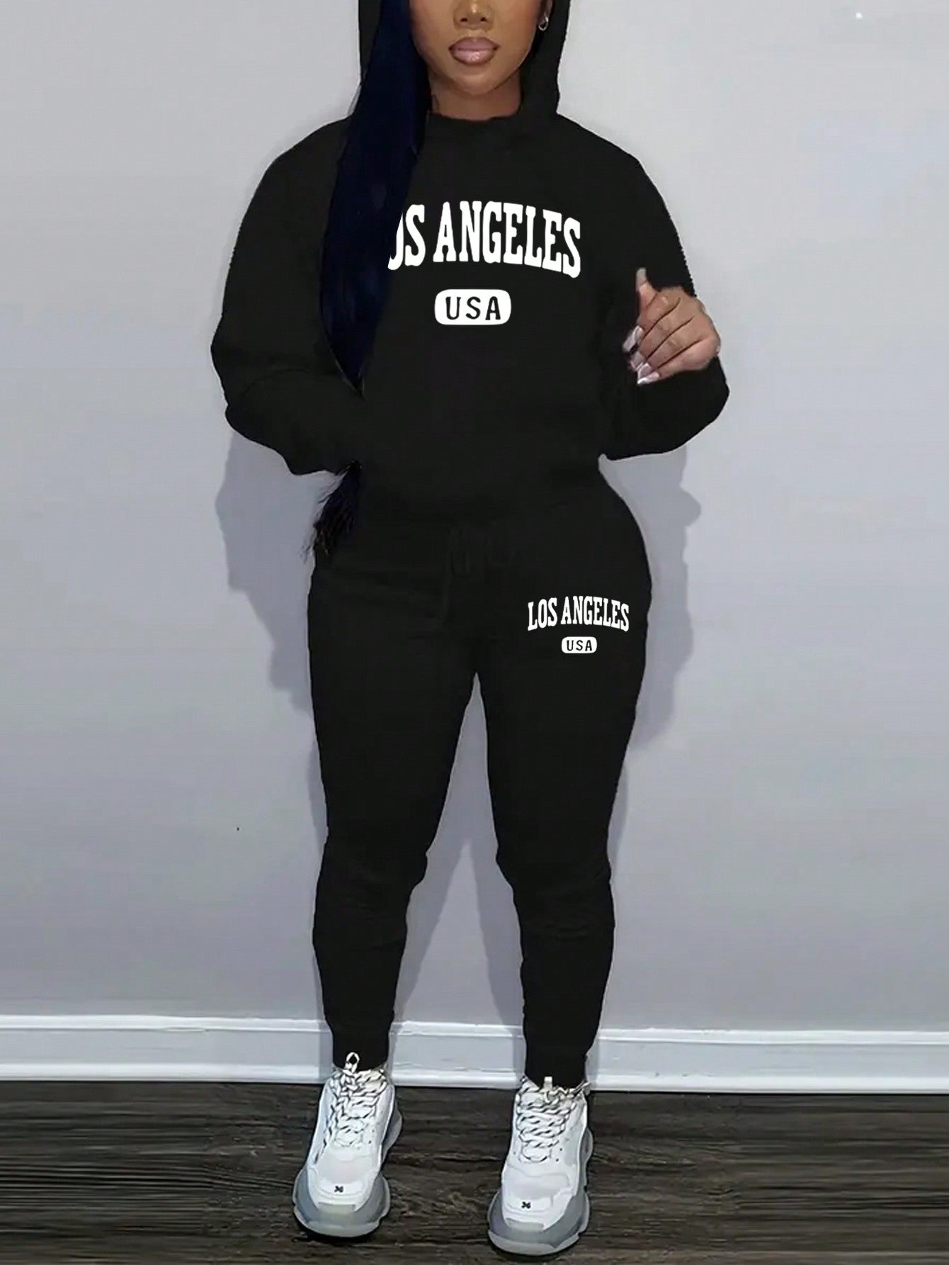 Slayr 2pcs Women's Casual Letter Printed Drawstring Hoodie And Sweatpants Set, Autumn Winter - WestLine Apparel