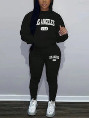 Slayr 2pcs Women's Casual Letter Printed Drawstring Hoodie And Sweatpants Set, Autumn Winter - WestLine Apparel