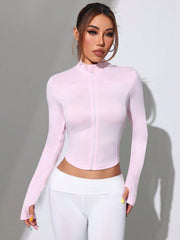 Solid Color Stand Collar Fitted Crop Sporty Jacket - WestLine Apparel