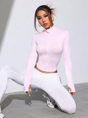 Solid Color Stand Collar Fitted Crop Sporty Jacket - WestLine Apparel