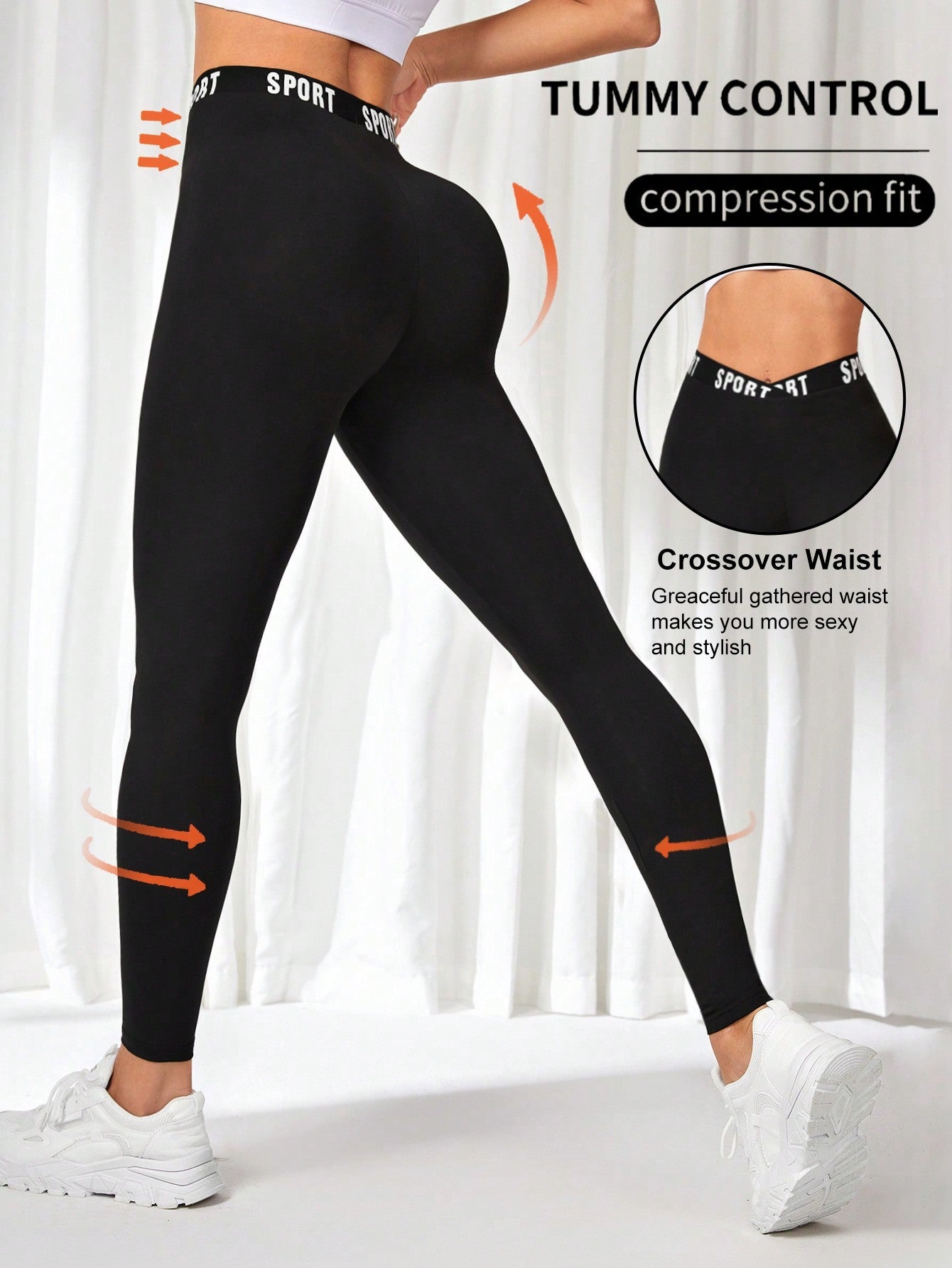 Sport Exploreva Black Letter Tape Waist Sport Leggings - WestLine Apparel