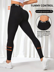 Sport Exploreva Black Letter Tape Waist Sport Leggings - WestLine Apparel