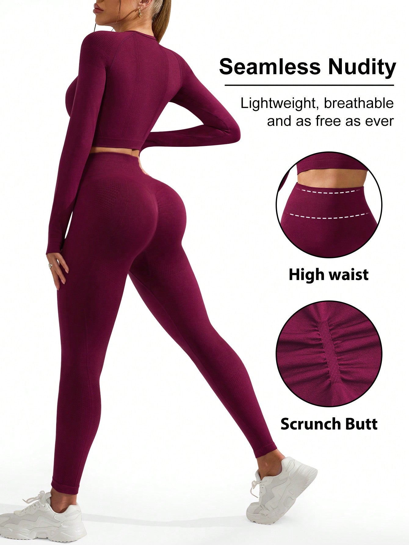 Sport Gameset Women's Solid Color Raglan Long Sleeve Cropped & And Seamless Leggings Sports Set Outfit Set - WestLine Apparel