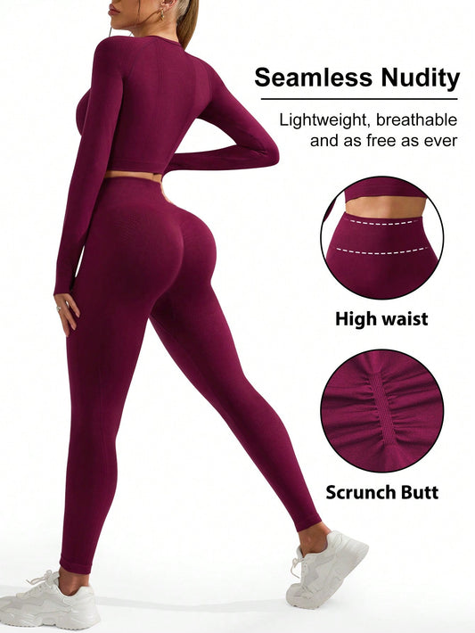 Sport Gameset Women's Solid Color Raglan Long Sleeve Cropped & And Seamless Leggings Sports Set Outfit Set - WestLine Apparel