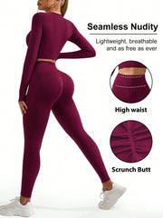 Sport Gameset Women's Solid Color Raglan Long Sleeve Cropped & And Seamless Leggings Sports Set Outfit Set - WestLine Apparel