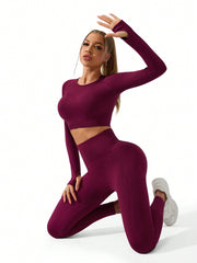 Sport Gameset Women's Solid Color Raglan Long Sleeve Cropped & And Seamless Leggings Sports Set Outfit Set - WestLine Apparel