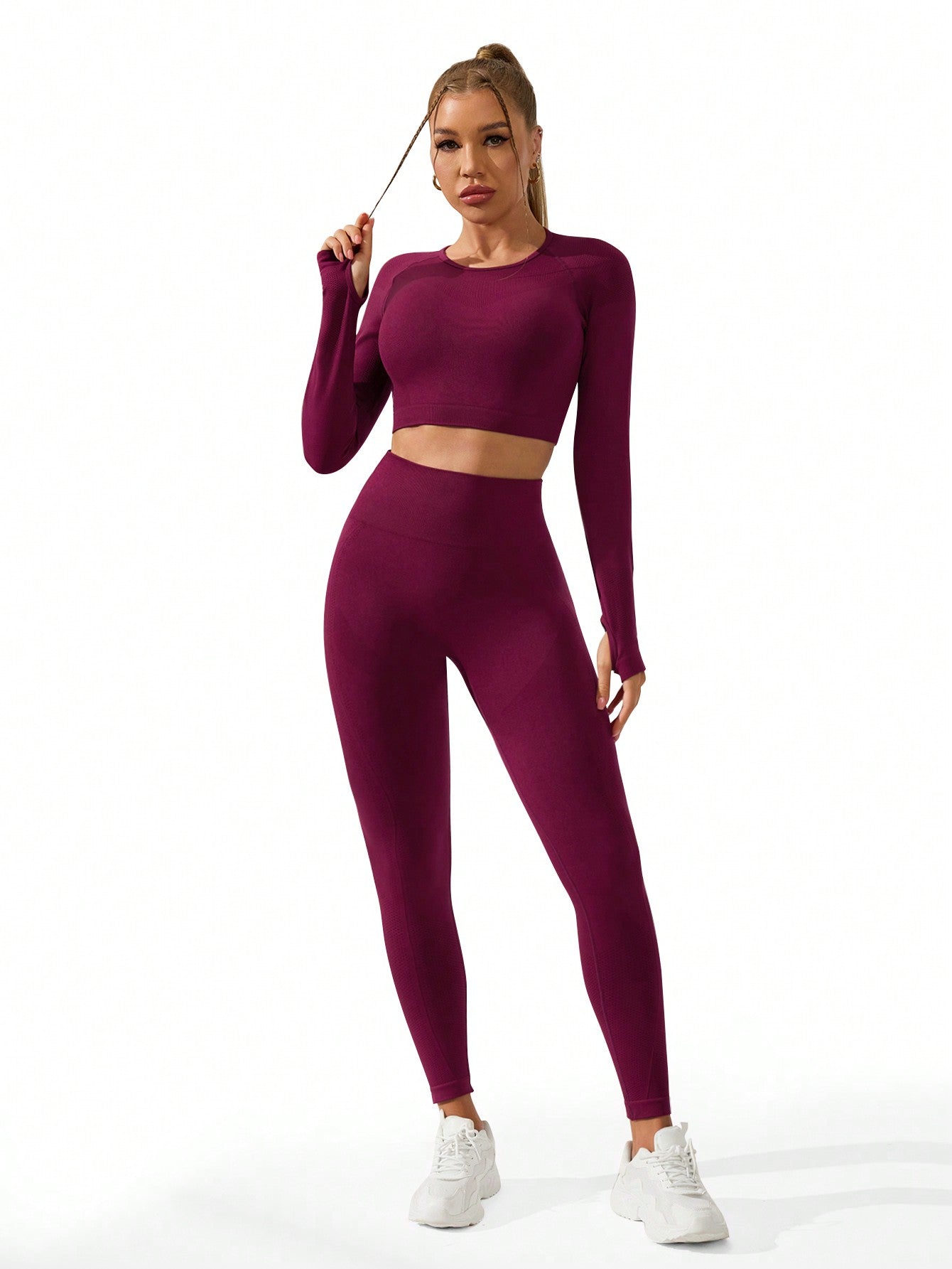 Sport Gameset Women's Solid Color Raglan Long Sleeve Cropped & And Seamless Leggings Sports Set Outfit Set - WestLine Apparel