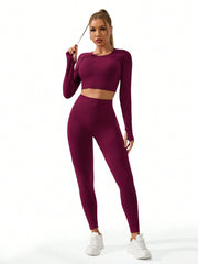 Sport Gameset Women's Solid Color Raglan Long Sleeve Cropped & And Seamless Leggings Sports Set Outfit Set - WestLine Apparel