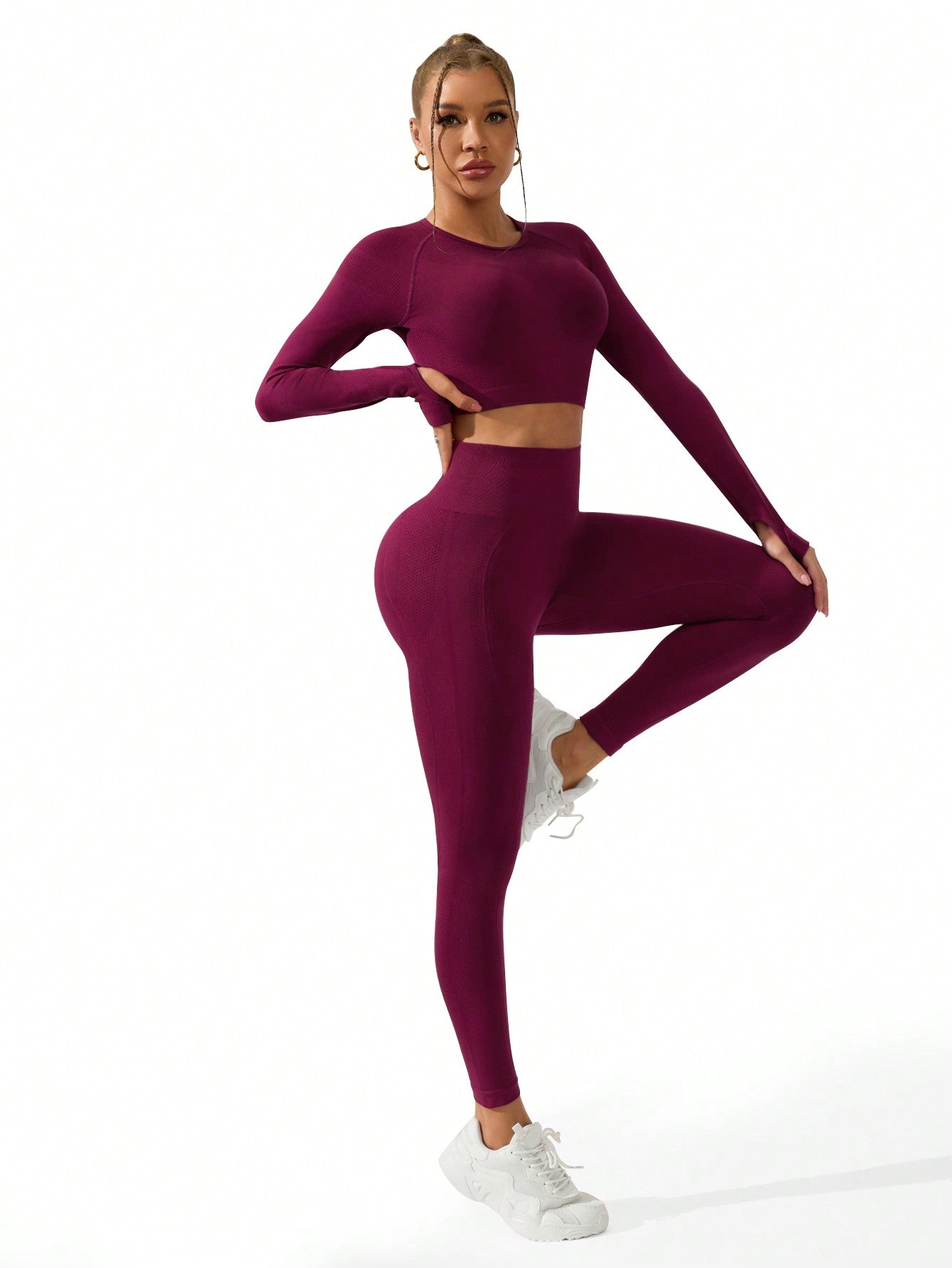 Sport Gameset Women's Solid Color Raglan Long Sleeve Cropped & And Seamless Leggings Sports Set Outfit Set - WestLine Apparel