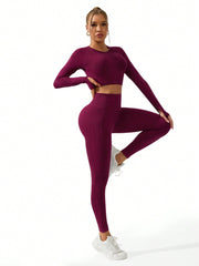 Sport Gameset Women's Solid Color Raglan Long Sleeve Cropped & And Seamless Leggings Sports Set Outfit Set - WestLine Apparel