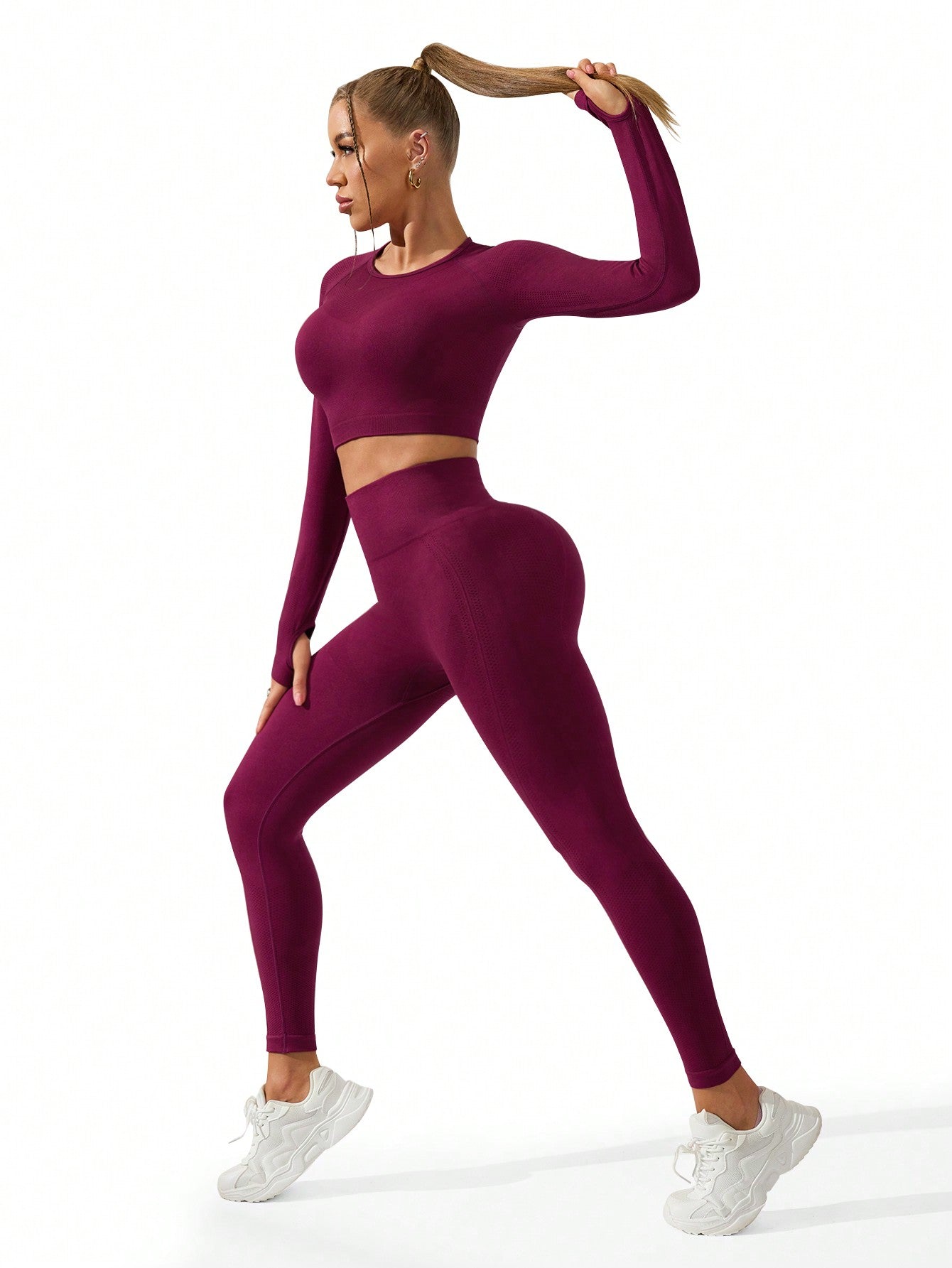 Sport Gameset Women's Solid Color Raglan Long Sleeve Cropped & And Seamless Leggings Sports Set Outfit Set - WestLine Apparel
