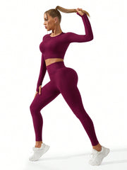 Sport Gameset Women's Solid Color Raglan Long Sleeve Cropped & And Seamless Leggings Sports Set Outfit Set - WestLine Apparel