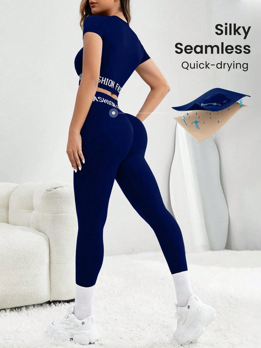 Sport Seamluxe 2pcs Seamless High Stretch Letter Yoga Set Tracksuit Gym Set Crop Tee Tummy Control Leggings - WestLine Apparel