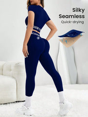 Sport Seamluxe 2pcs Seamless High Stretch Letter Yoga Set Tracksuit Gym Set Crop Tee Tummy Control Leggings - WestLine Apparel
