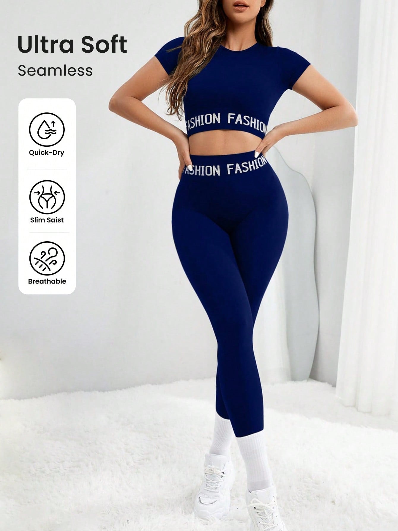 Sport Seamluxe 2pcs Seamless High Stretch Letter Yoga Set Tracksuit Gym Set Crop Tee Tummy Control Leggings - WestLine Apparel