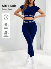 Sport Seamluxe 2pcs Seamless High Stretch Letter Yoga Set Tracksuit Gym Set Crop Tee Tummy Control Leggings - WestLine Apparel