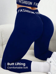 Sport Seamluxe 2pcs Seamless High Stretch Letter Yoga Set Tracksuit Gym Set Crop Tee Tummy Control Leggings - WestLine Apparel