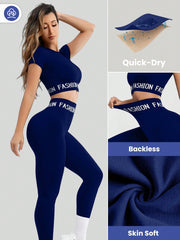 Sport Seamluxe 2pcs Seamless High Stretch Letter Yoga Set Tracksuit Gym Set Crop Tee Tummy Control Leggings - WestLine Apparel