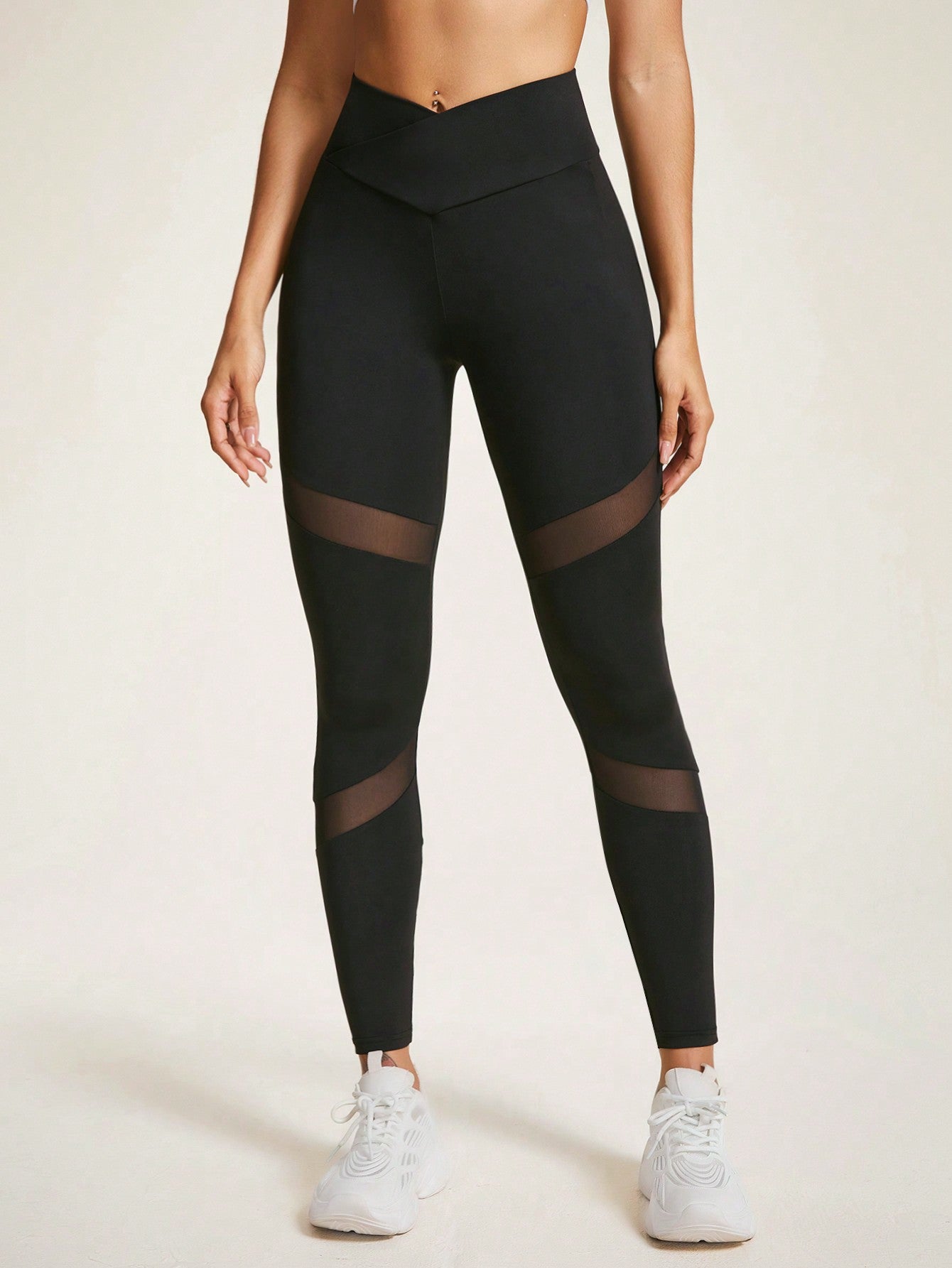 Sport Studio Cross Waist Mesh Patchwork Yoga Leggings - WestLine Apparel