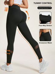 Sport Studio Cross Waist Mesh Patchwork Yoga Leggings - WestLine Apparel